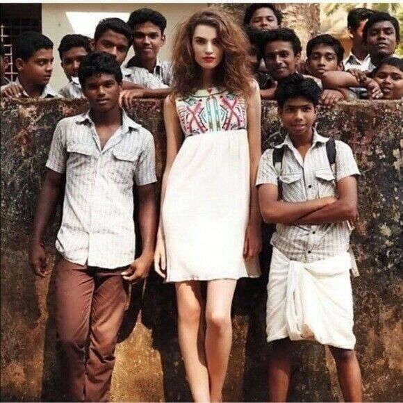 by Gryphon Anthropologie Dress Ivory Embroidered Boho Chic Dress Size Medium - Picture 2 of 9